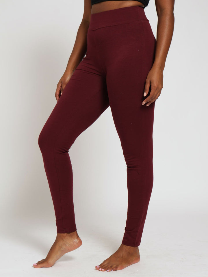 Basic Leggings With Wide Waistband - Wine