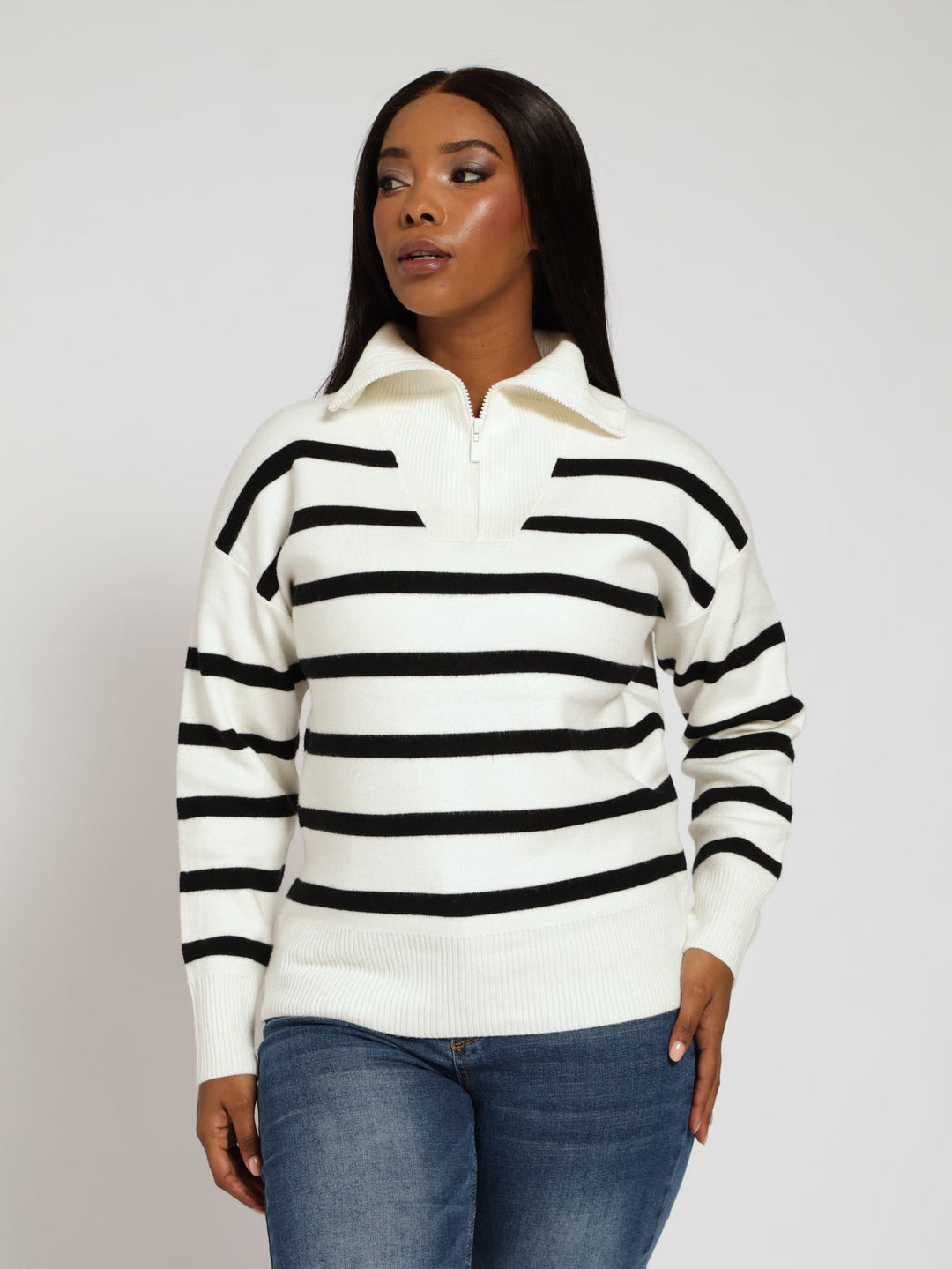 Luxe Funnel Neck Pullover With Zip - White/Black