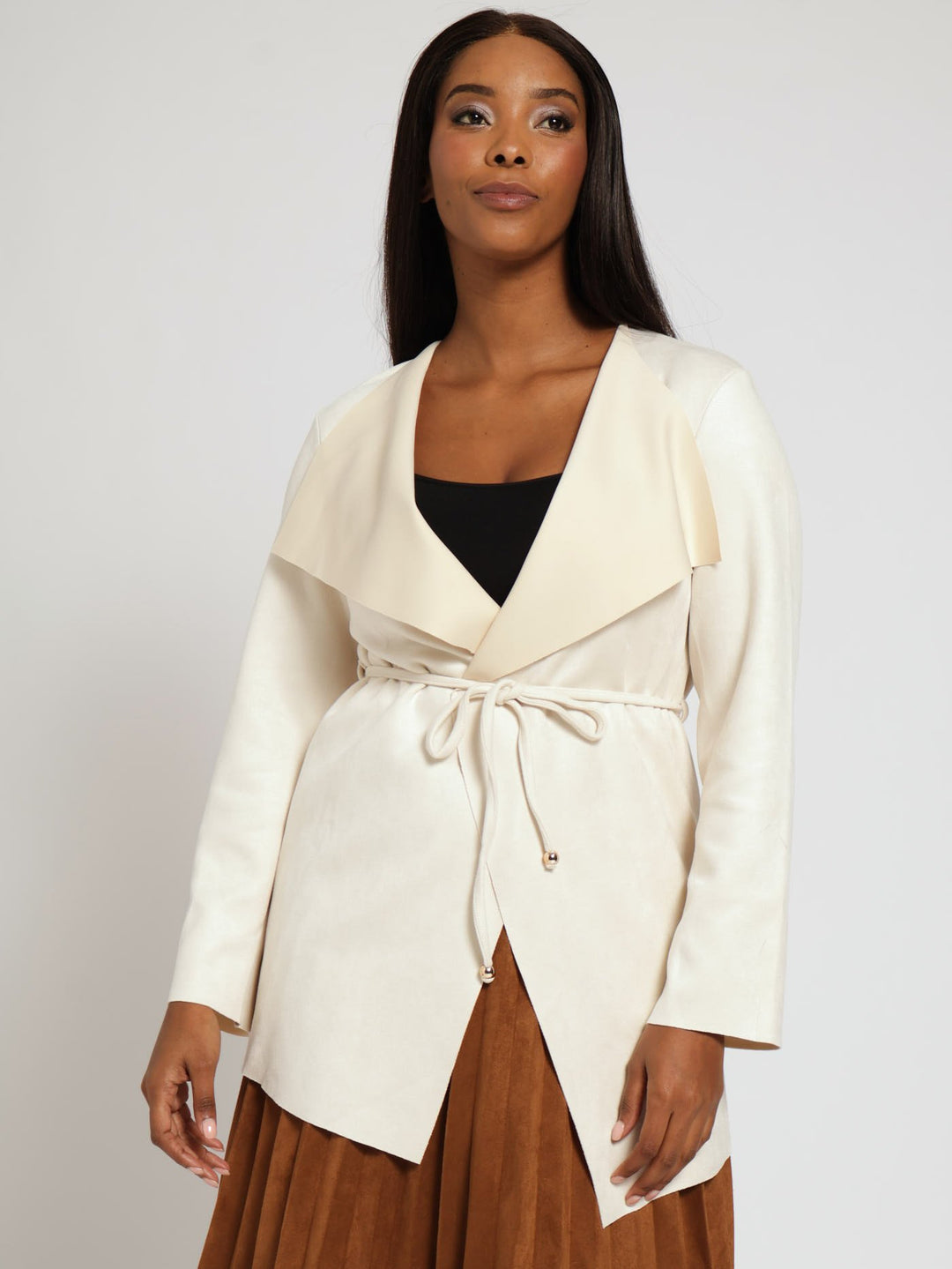Long Sleeve Suede Waterfall Jacket - Cream