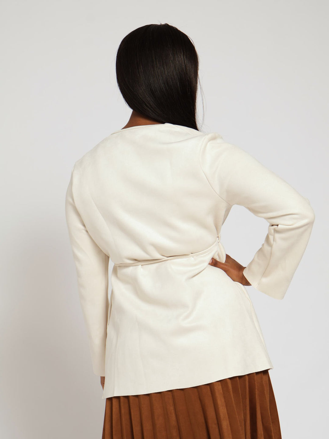 Long Sleeve Suede Waterfall Jacket - Cream