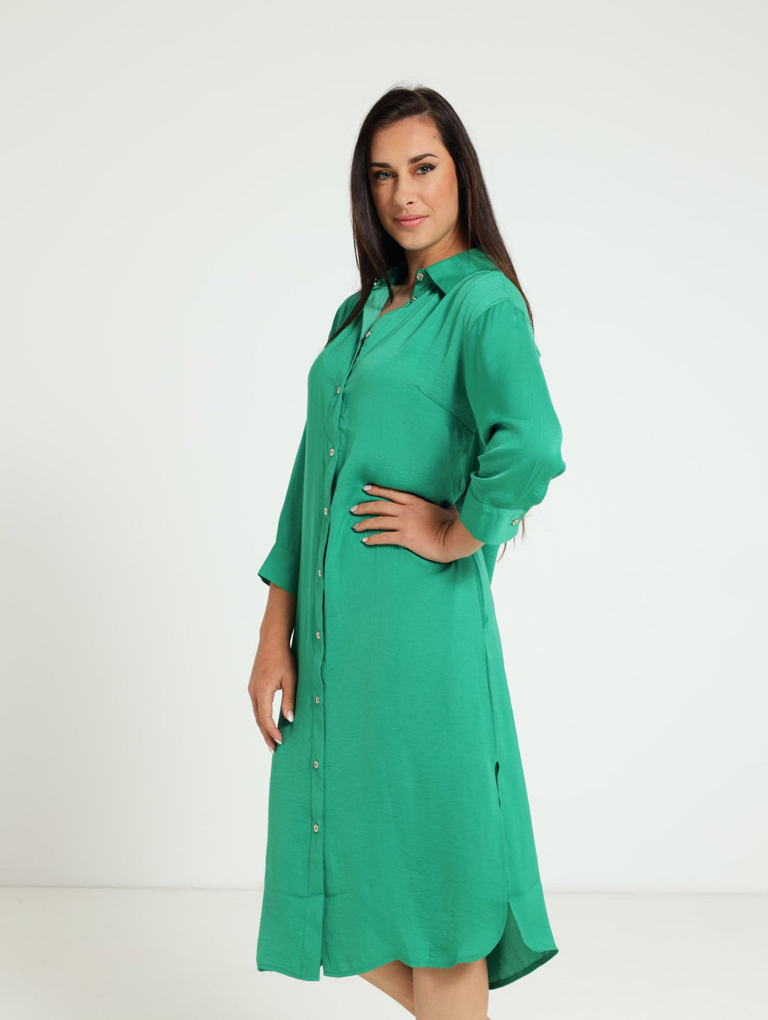3/4 Sleeve Midi Shirt Dress - Emerald