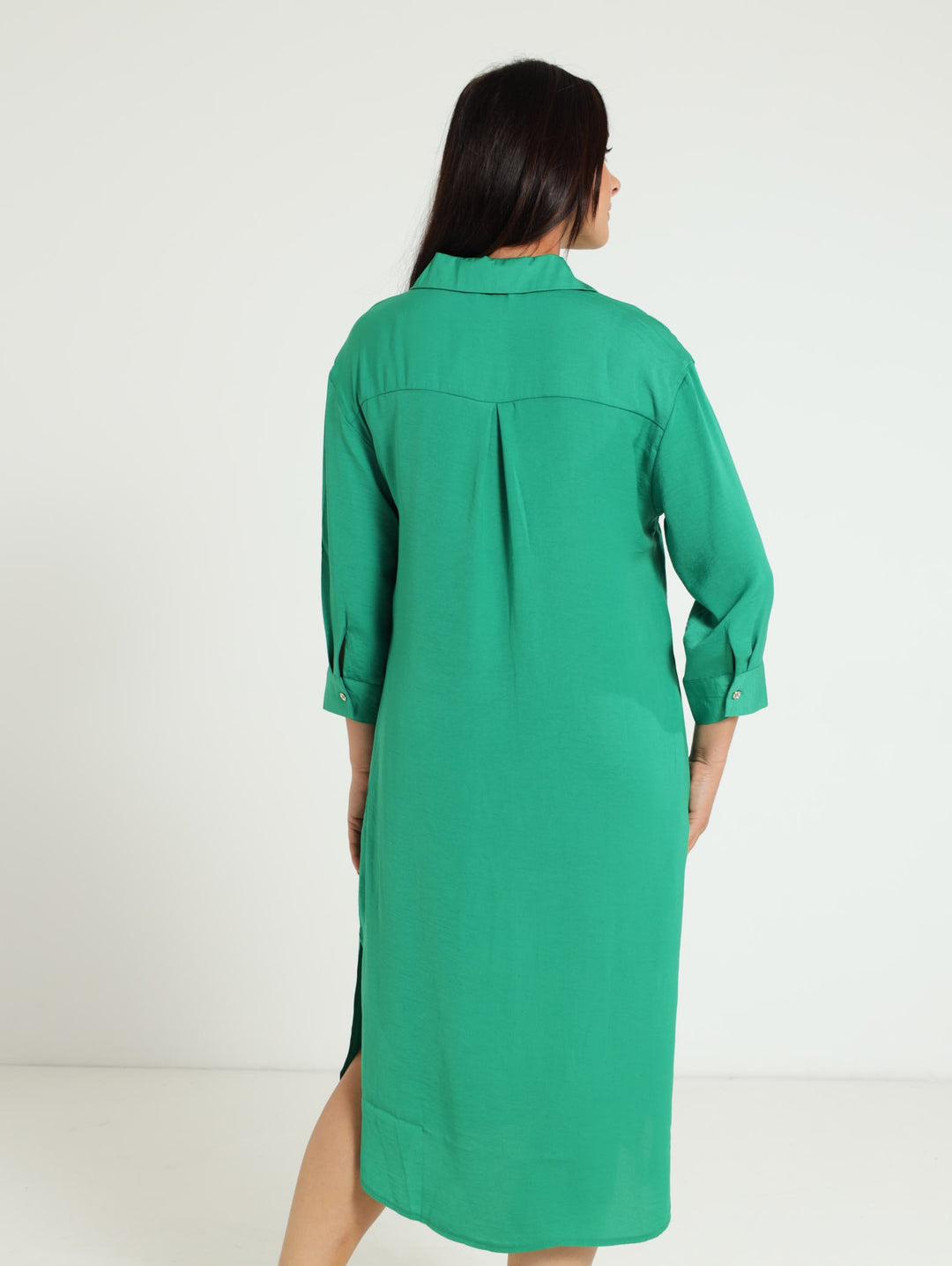 3/4 Sleeve Midi Shirt Dress - Emerald