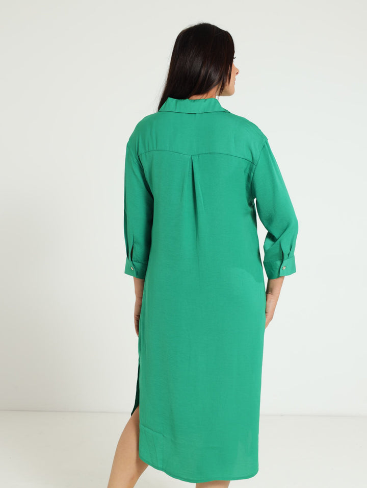 3/4 Sleeve Midi Shirt Dress - Emerald