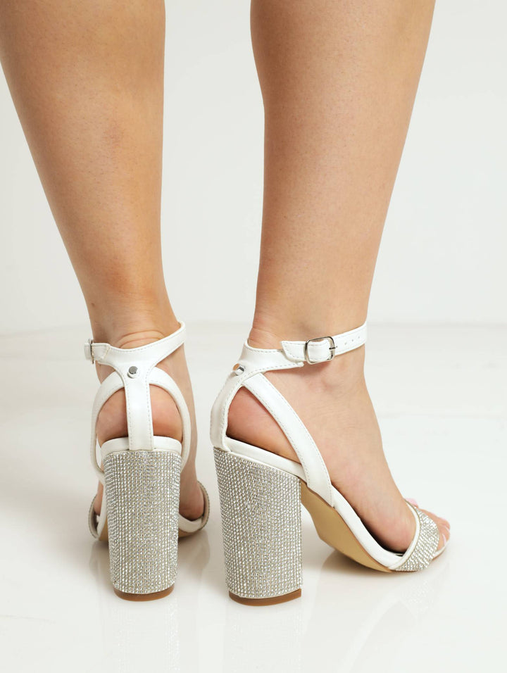 Rhinestone Jocky Strap Glitter Block Heel - White