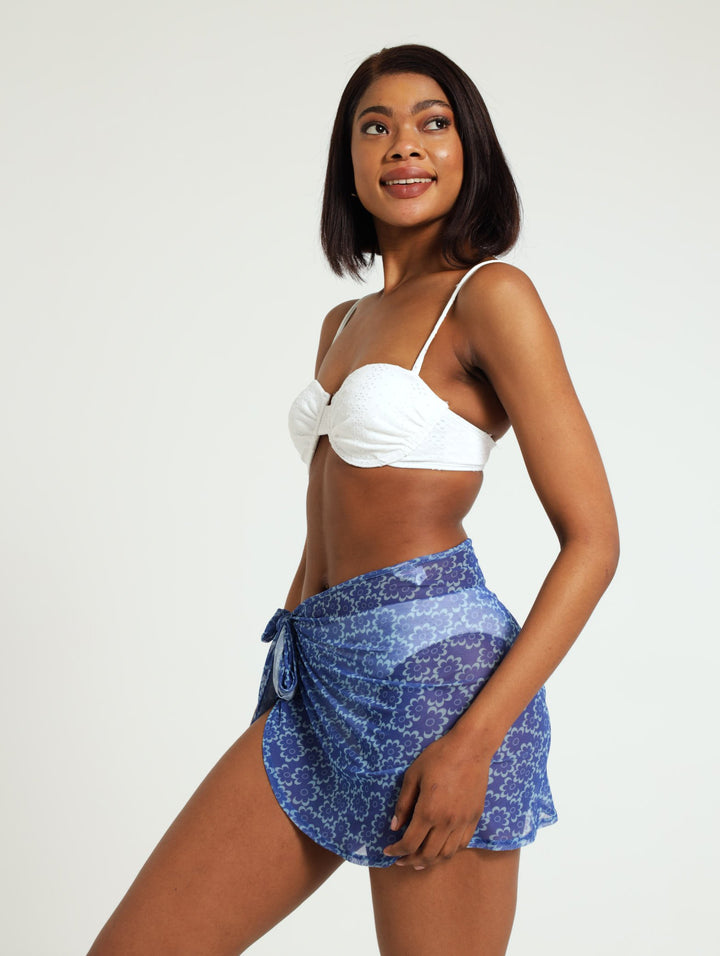 Printed Mesh Wrap Skirt - Blue