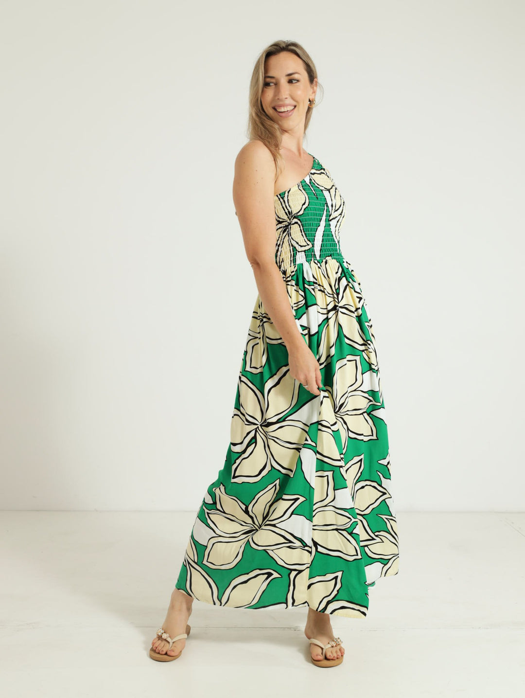 One Shoulder Shirred Maxi Dress - Green
