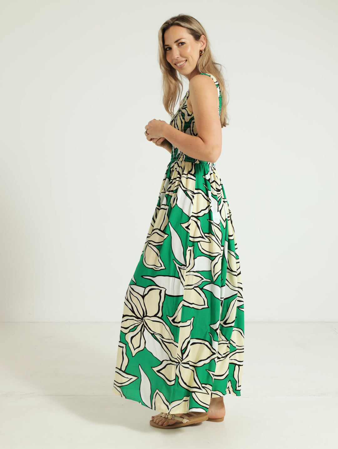 One Shoulder Shirred Maxi Dress - Green