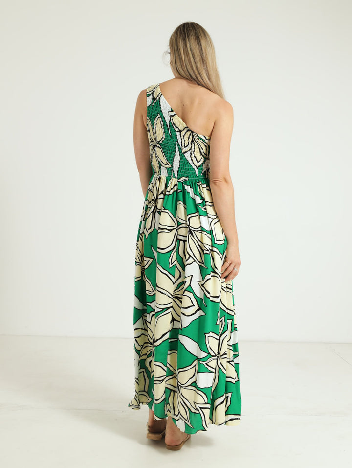 One Shoulder Shirred Maxi Dress - Green