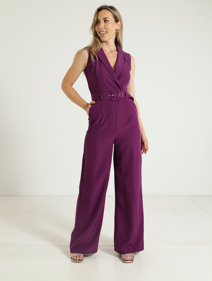 Collared Belted Jumpsuit - Dark Purple
