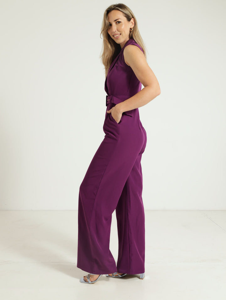 Collared Belted Jumpsuit - Dark Purple