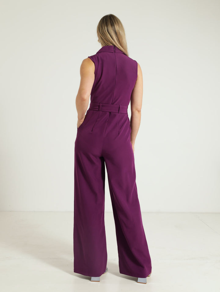Collared Belted Jumpsuit - Dark Purple