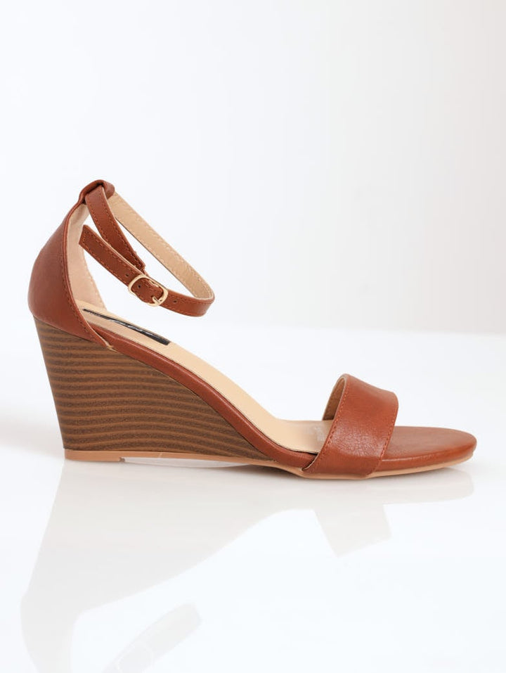 Ladies Ankle-Strap Wedge Sandal - Tan