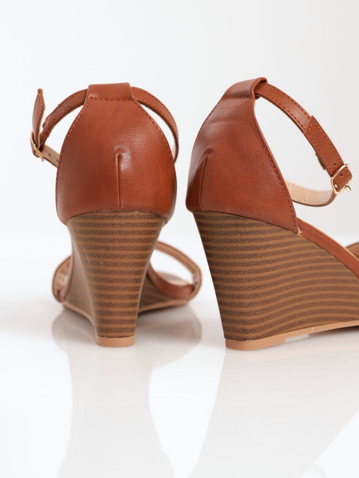 Ladies Ankle-Strap Wedge Sandal - Tan