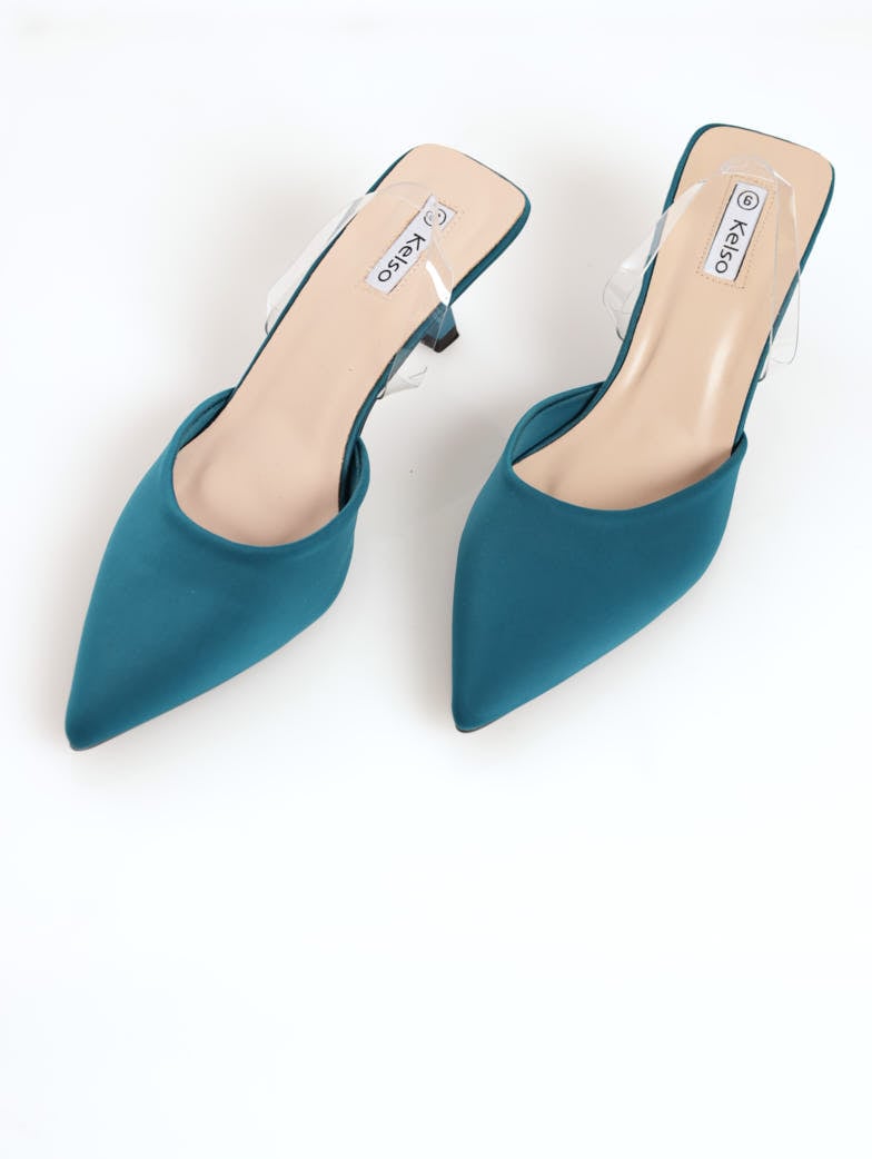 Ladies Open-Back Pointy Court Kitten Heel - Teal