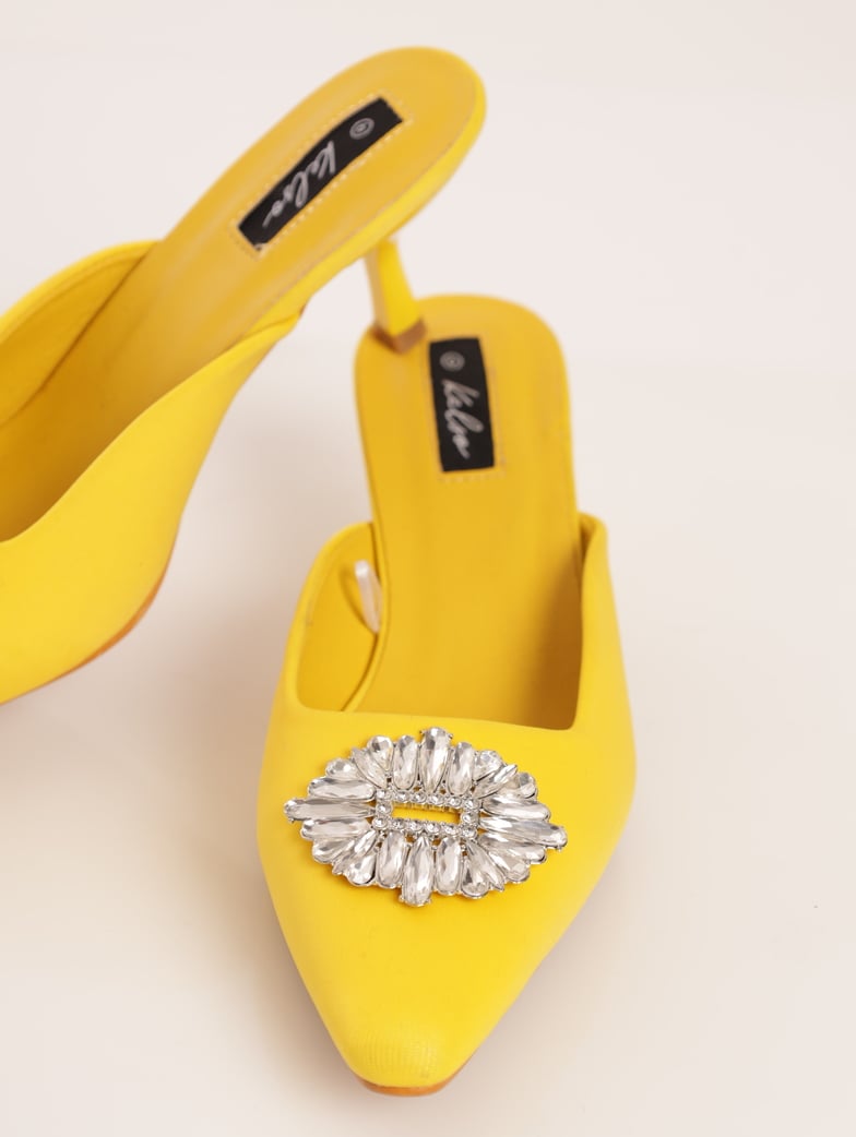 Ladies Square-Toe Push-In Kitten Heel - Yellow