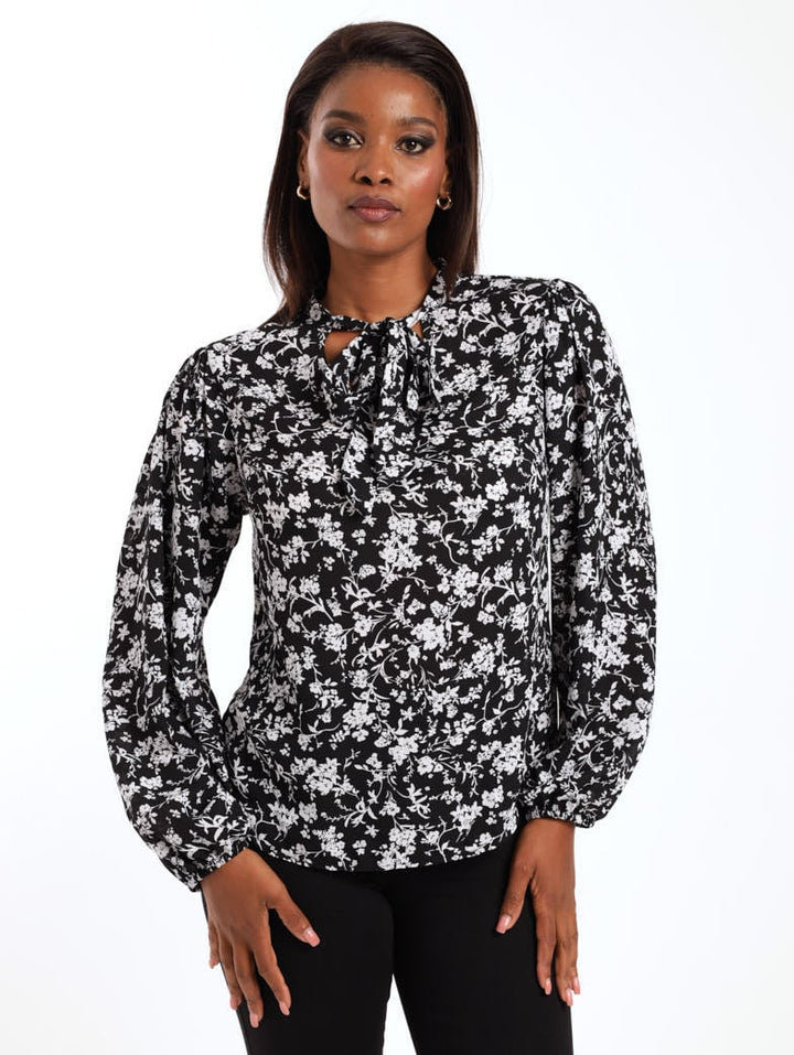 Ladies Long Sleeve Floral Tie Front Blouse - Black