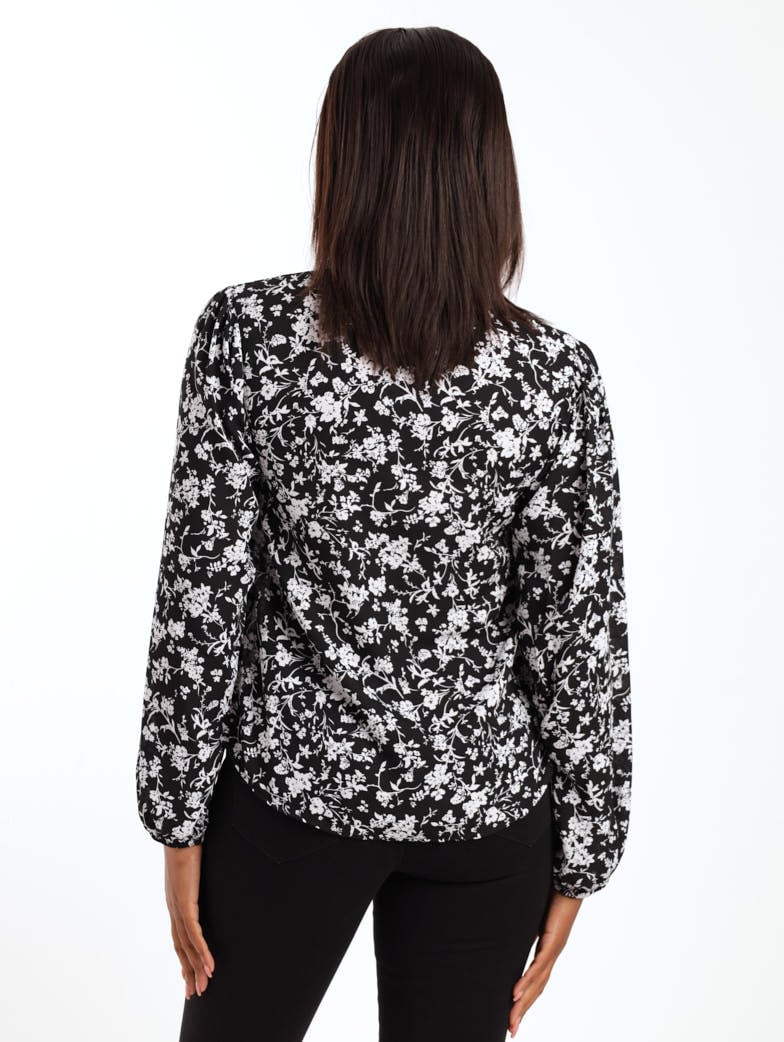 Ladies Long Sleeve Floral Tie Front Blouse - Black