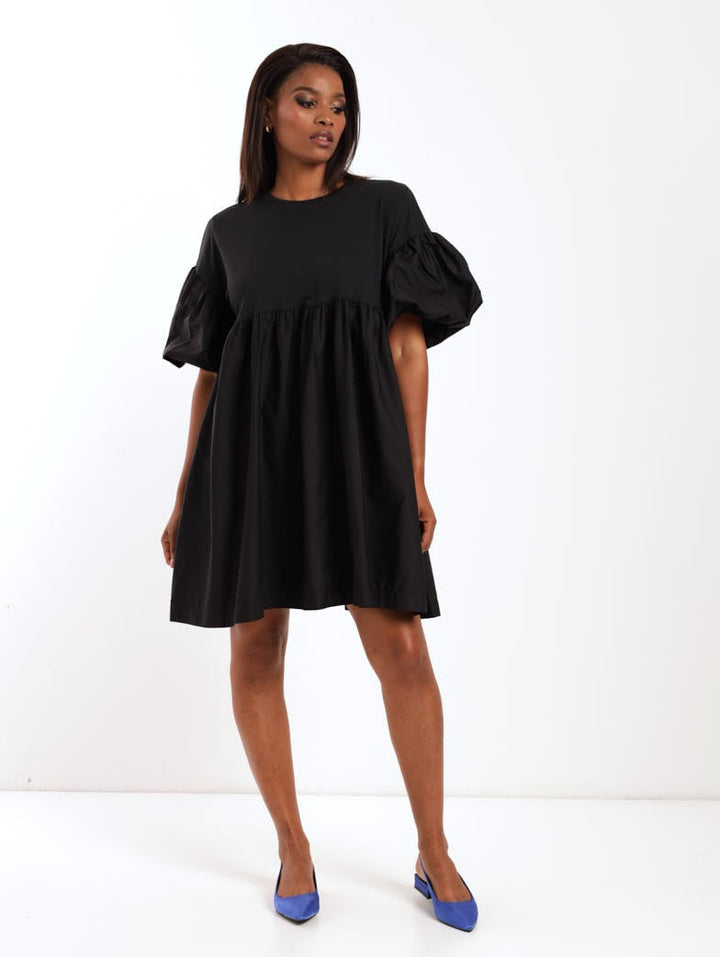Ladies Short Sleeve Volume Sleeve Combo Mini Dress - Black