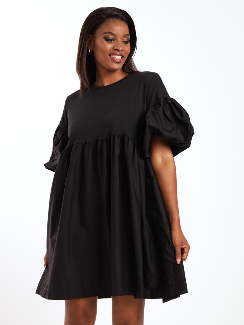 Ladies Short Sleeve Volume Sleeve Combo Mini Dress - Black