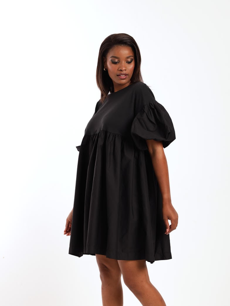 Ladies Short Sleeve Volume Sleeve Combo Mini Dress - Black