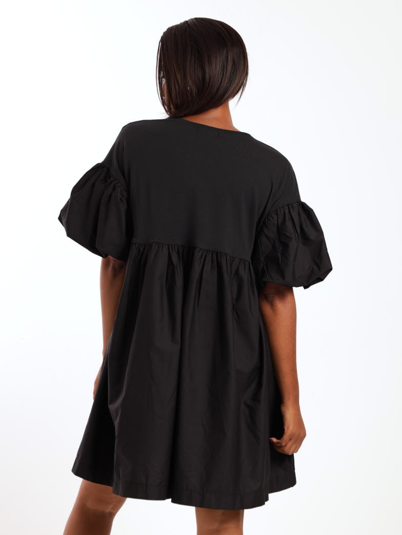 Ladies Short Sleeve Volume Sleeve Combo Mini Dress - Black
