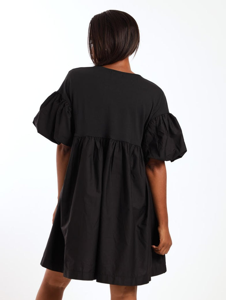 Ladies Short Sleeve Volume Sleeve Combo Mini Dress - Black