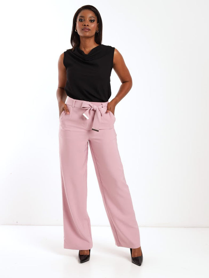 Ladies Self Belt Wideleg Pant With Metal Tips - Dusty Pink
