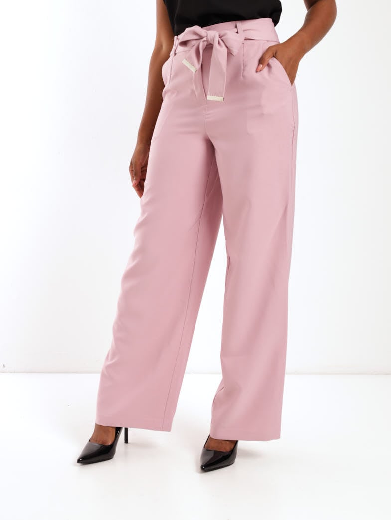 Ladies Self Belt Wideleg Pant With Metal Tips - Dusty Pink