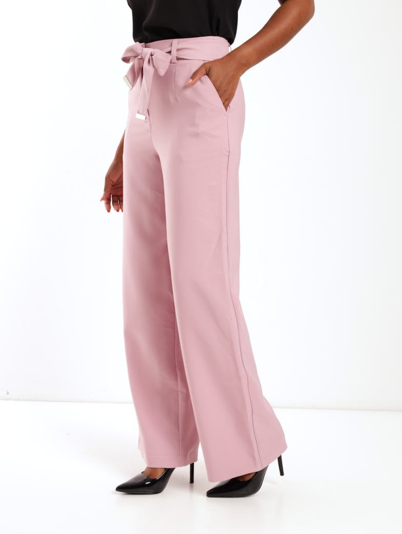 Ladies Self Belt Wideleg Pant With Metal Tips - Dusty Pink
