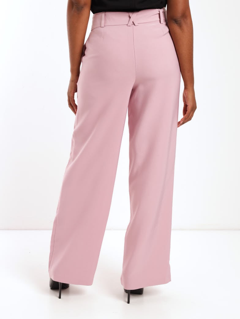 Ladies Self Belt Wideleg Pant With Metal Tips - Dusty Pink