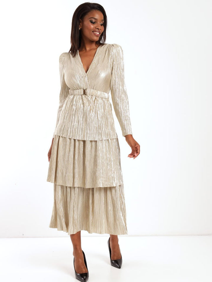 Ladies Tiered Gold Bodre Dress - Gold
