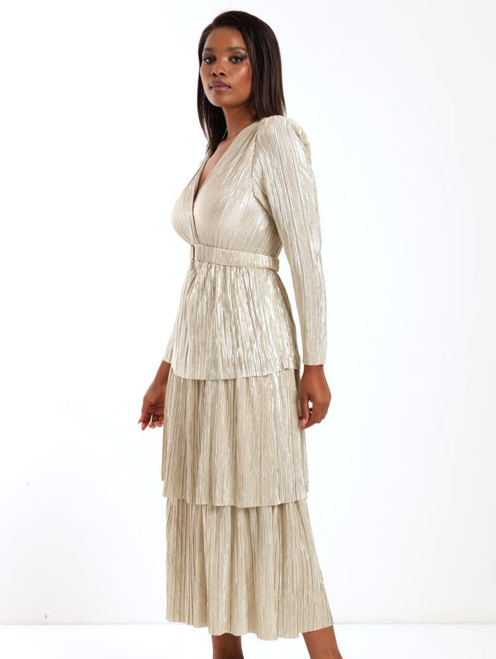 Ladies Tiered Gold Bodre Dress - Gold