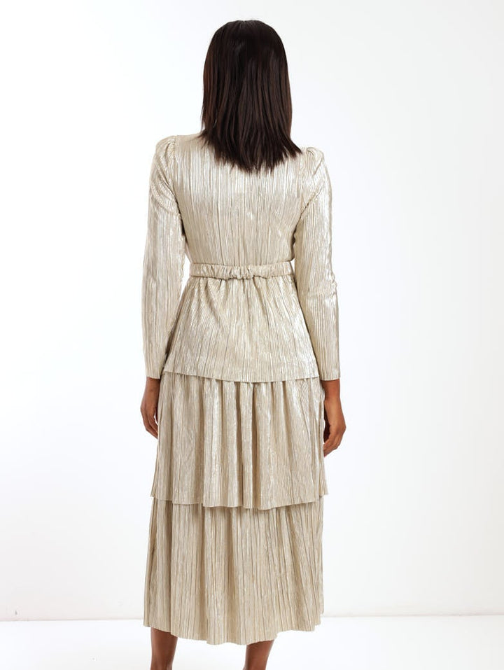 Ladies Tiered Gold Bodre Dress - Gold