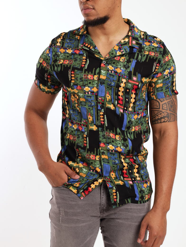 Men's Short Sleeve Viscose Tribal Printed Shirt - Black