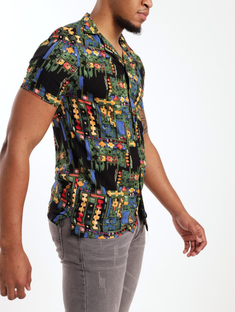 Men's Short Sleeve Viscose Tribal Printed Shirt - Black