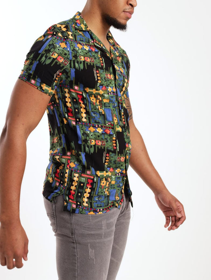 Men's Short Sleeve Viscose Tribal Printed Shirt - Black