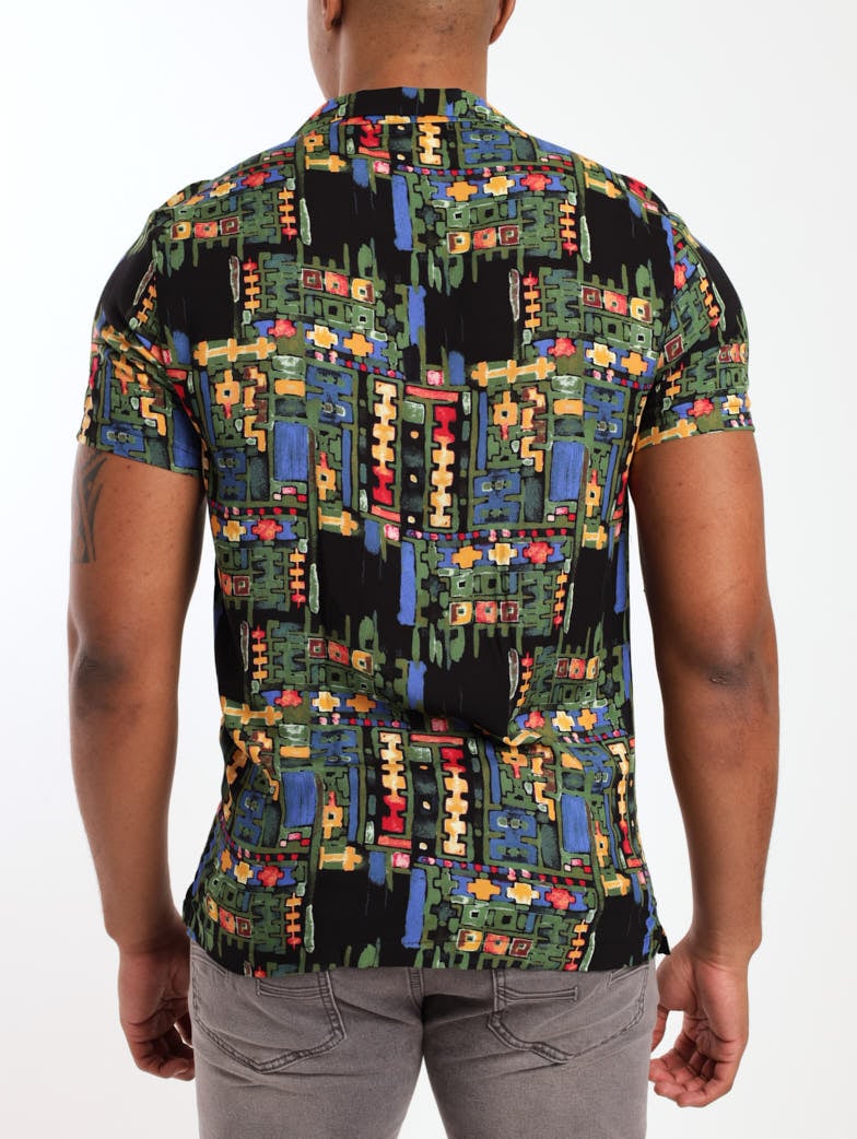 Men's Short Sleeve Viscose Tribal Printed Shirt - Black