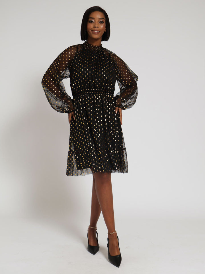 Hi-Neck Lurex Mesh Dress - Black