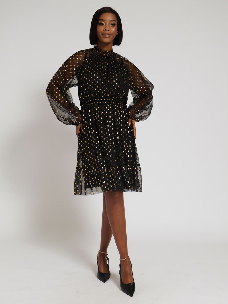 Hi-Neck Lurex Mesh Dress - Black