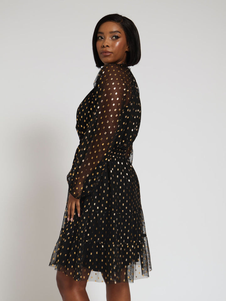 Hi-Neck Lurex Mesh Dress - Black