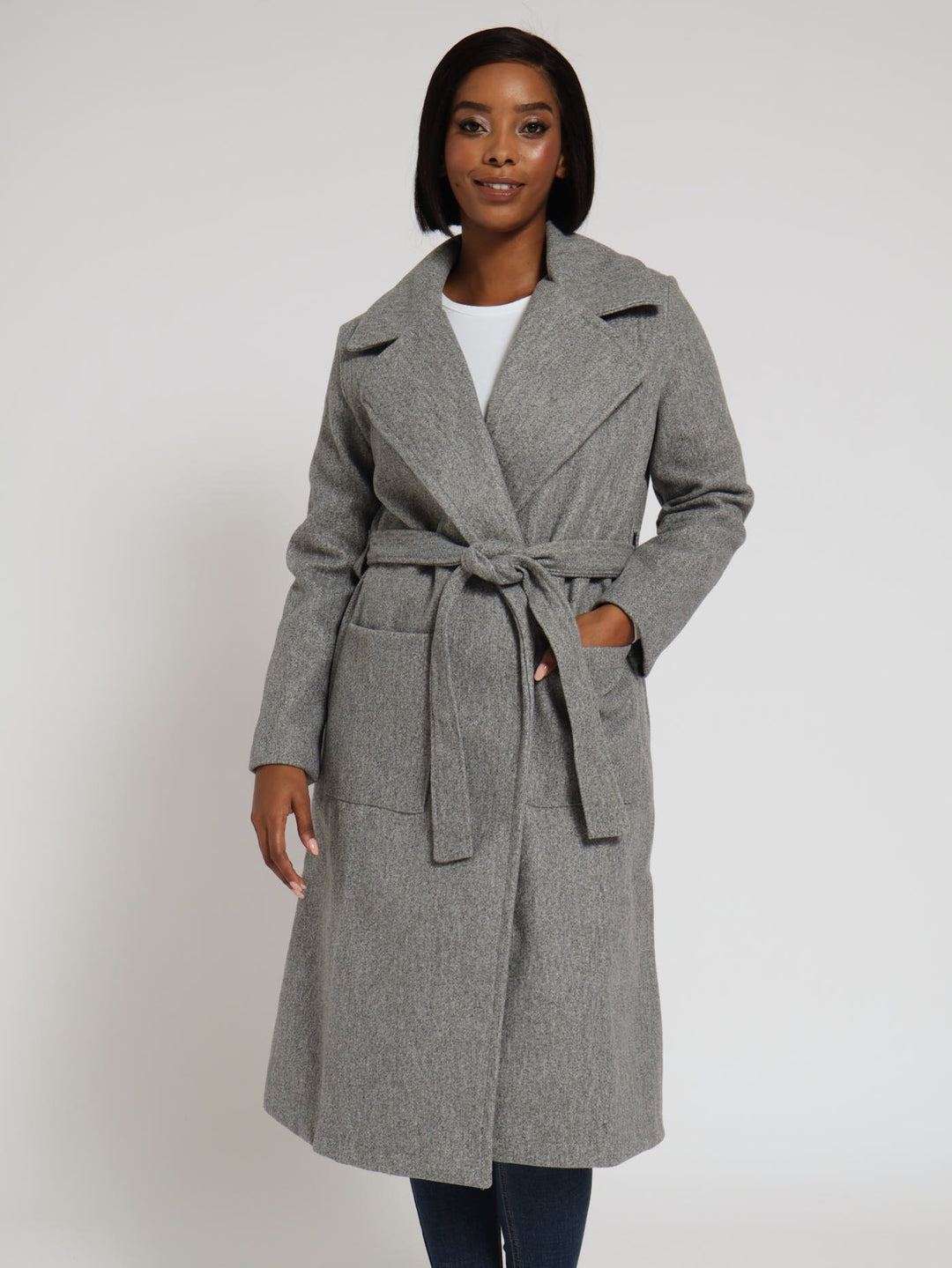 Collared Belted Melton Coat Grey Melange - Main Image