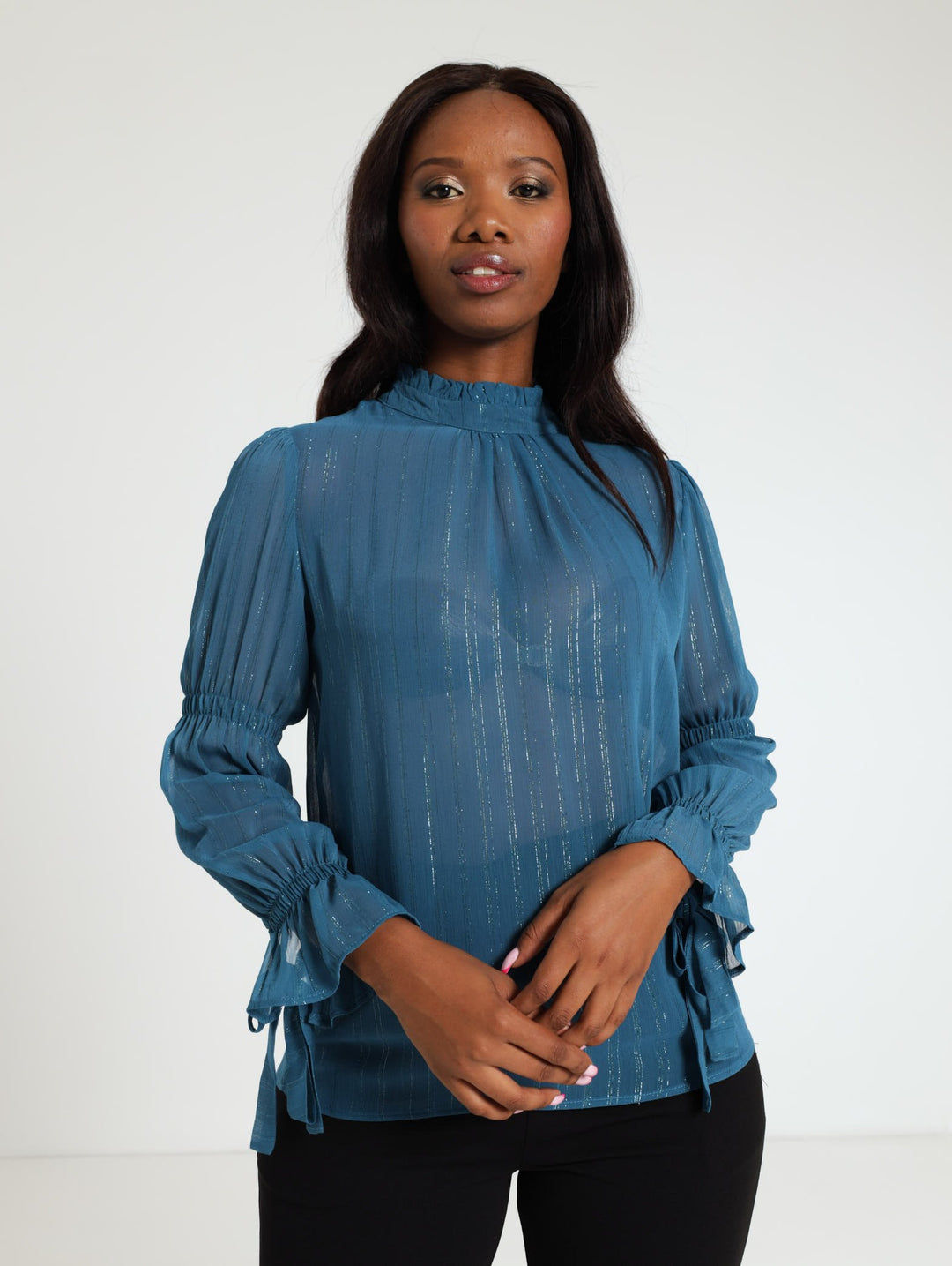 Hi Neck Tie Lurex Stripe Blouse - Teal