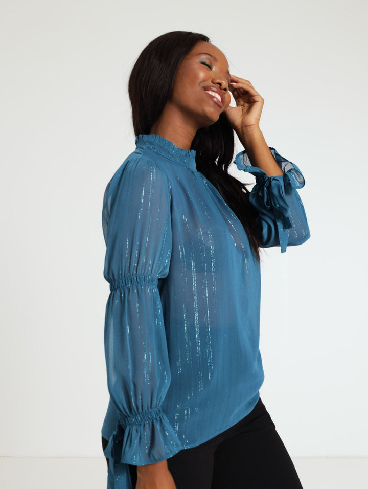 Hi Neck Tie Lurex Stripe Blouse - Teal