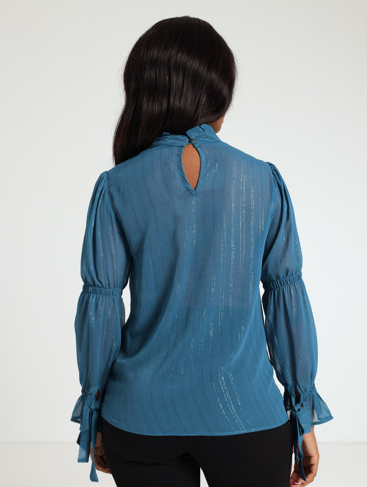 Hi Neck Tie Lurex Stripe Blouse - Teal