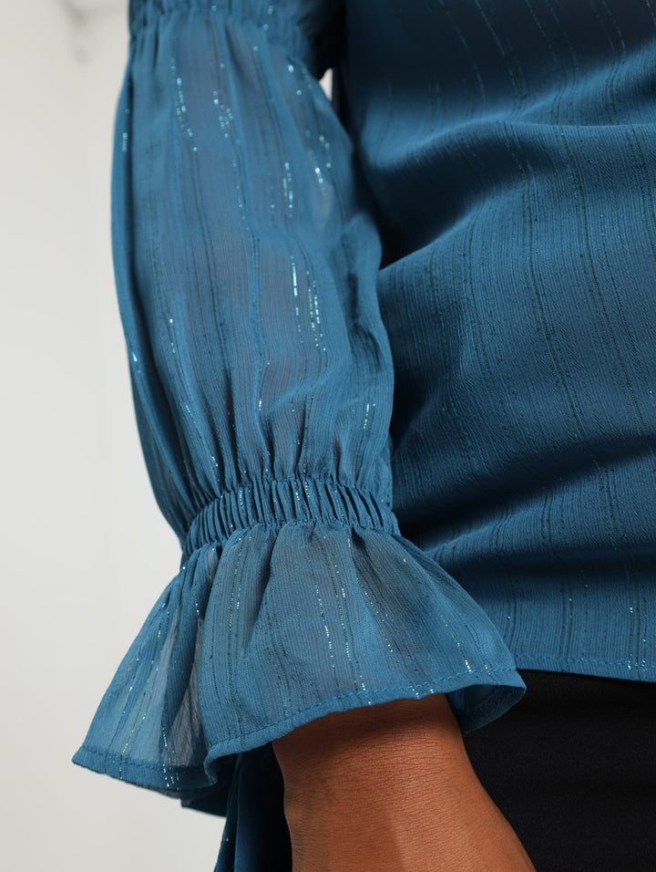 Hi Neck Tie Lurex Stripe Blouse - Teal