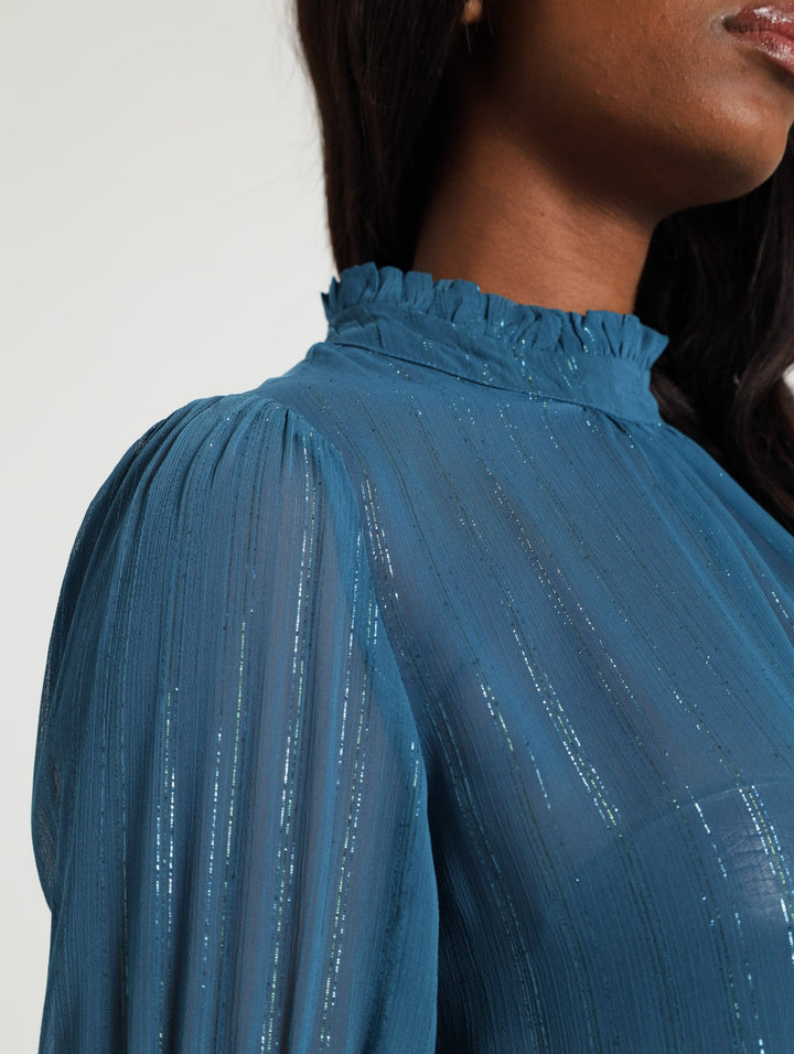 Hi Neck Tie Lurex Stripe Blouse - Teal