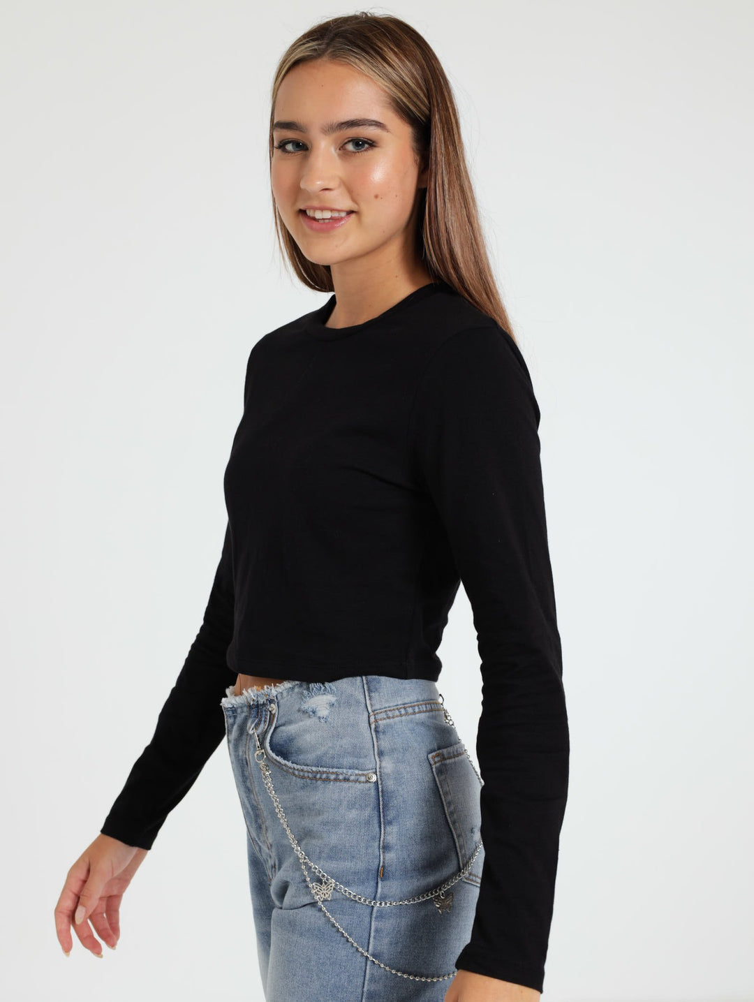 Long Sleeve Crop Top - Black