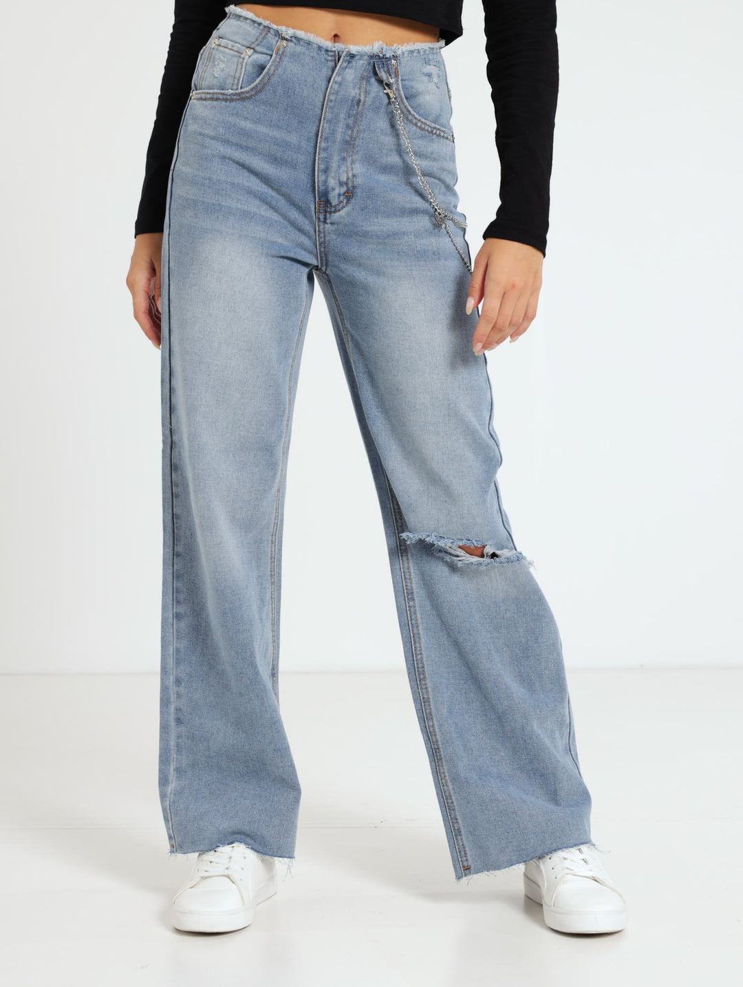 Fray Waist Chain Belt 90'S Fit Jean - Salty Mid Wash