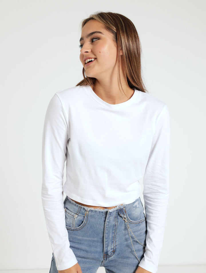 Long Sleeve Crop Top - White