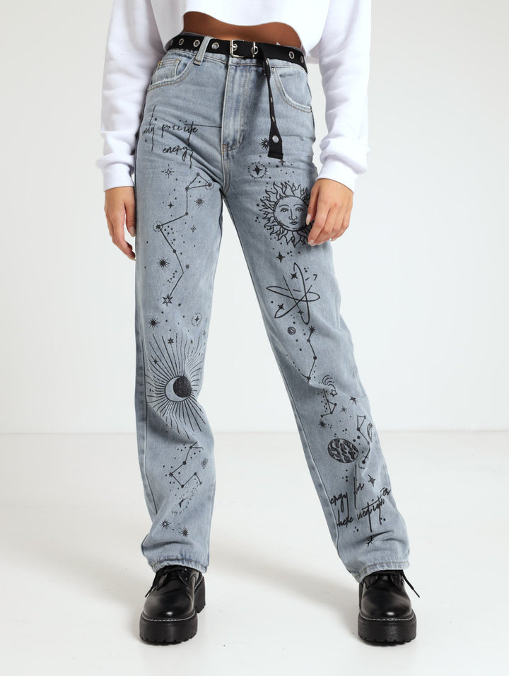 Ladies Salty Light Wash Celestial Belted Straightleg Denim Jean